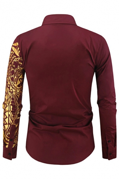 Cozy Guys Shirt Totem Pattern Hot Stamping Lapel Collar Long Sleeves Slimming Button Fly Shirt