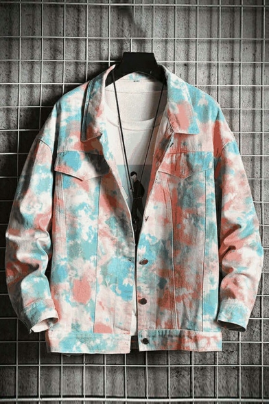 Creative Jacket Tie Dye Button Up Turn Down Collar Flap Pockets Relaxed Fit Denim Jacket for Men