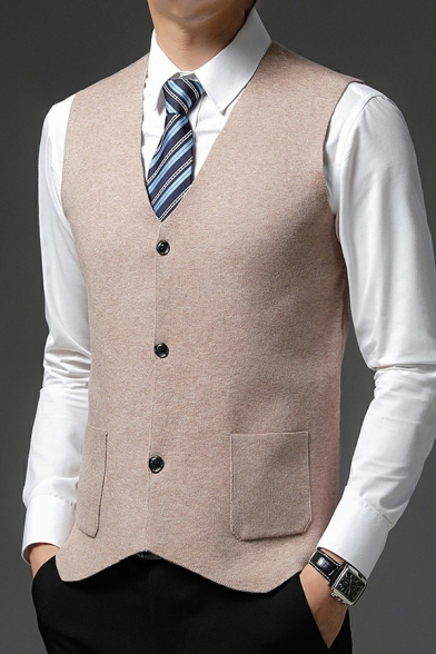 Elegant Guys Vest Whole Colored Pocket Detail Button Closure V-Neck Regular Fit Vest