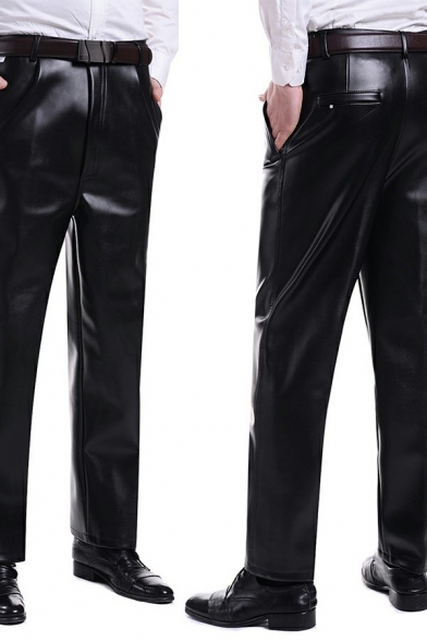 Elegant Mens Leather Pants Pure Color Mid Rise Regular Fit Pants
