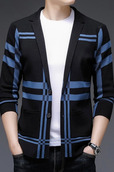 Fancy Boy's Cardigan Striped Pattern Notched Collar Long Sleeve Slim Fit Button Fly Cardigan