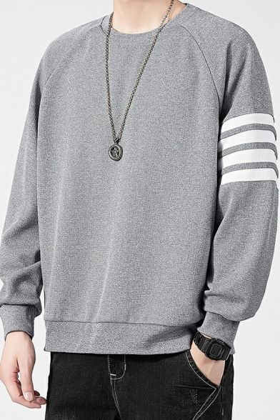 Fancy Sweatshirt Arm Stripe Printed Round Neck Long-Sleeved Regular Fitted Sweatshirt for Men