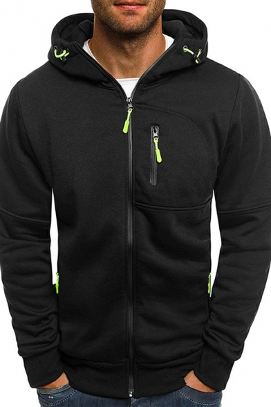 Fashionable Mens Hoody Pure Color Hooded Long-Sleeved Zip Closure Rib Cuffs Regular Fit Hoody with Pocket