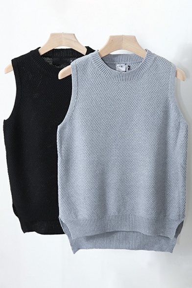 Guy's Unique Vest Solid Color Round Neck Sleeveless Loose Fitted Knitted Vest