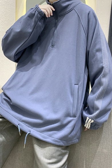 Guys Comfortable Sweatshirt Whole Colored Stand Collar Zip Detail Pocket Long Sleeve Sweatshirt