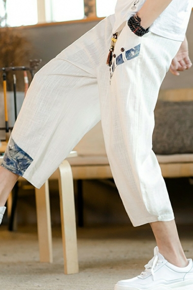 Hip-hop Mens Pants Figure Printed Side Pocket Capris Oversized Elastic Drawstring Waist Pants
