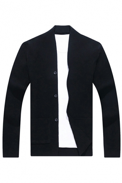 Leisure Mens Knit Cardigan Pure Color V-Neck Long-Sleeved Single Breasted Fitted Cardigan