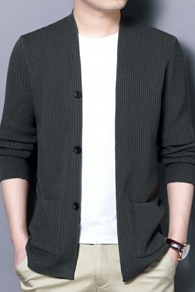 Leisure Mens Knit Cardigan Pure Color V-Neck Long-Sleeved Single Breasted Fitted Cardigan