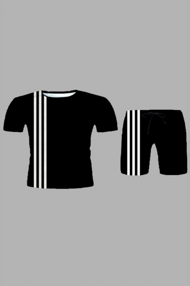 Men Athletic Set Stripe Pattern Round Neck Elastic Waist Short-sleeved T-Shirt Shorts Fitted Set