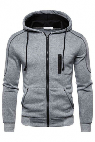Men's Sporty Hoodie Solid Drawcord Zip-up Pocket Detail Long-sleeved Slim Fit Hoodie