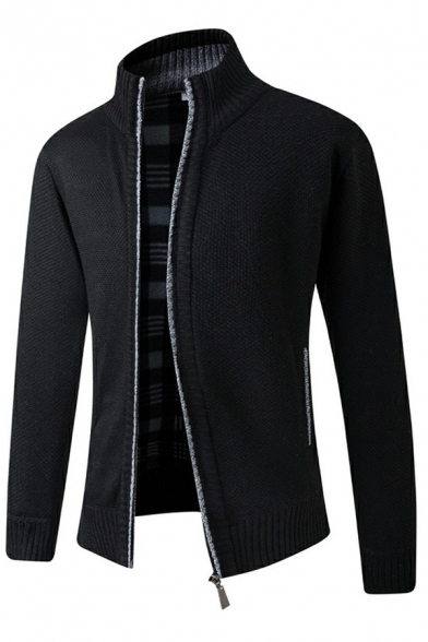 Mens Pop Cardigan Pure Color Rib Hem Knitted Stand Collar Long Sleeves Relaxed Fit Zipper Cardigan