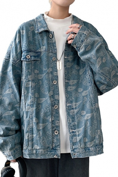 Modern Denim Jacket Allover Paisley Pattern Long Sleeves Spread Collar Button Closure Loose Fit Denim Jacket for Men