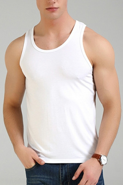 Modern Vest Top Pure Color Round Neck Sleeveless Slimming Tank Top for Boys