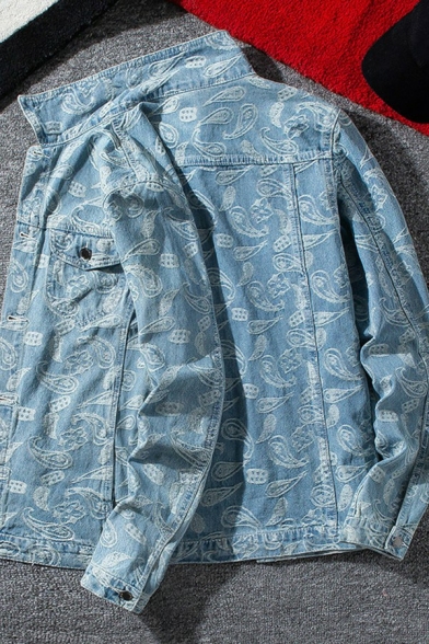 Popular Guys Jacket Plain Multi-Pocket Button Placket Turn-Down Collar Fit Denim Jacket