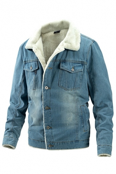 Popular Mens Plain Denim Jacket Button Down Spread Collar Flap Pockets Regular Fit Long-Sleeved Denim Jacket