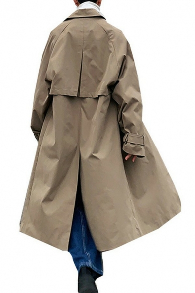 Retro Men's Trench Coat Pure Color Long Length Double Breasted Pocket Design Loose Trench Coat