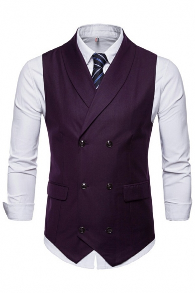 Retro Suit Vest Pure Color Front Pocket Button Down Sleeveless Slim Fit Suit Vest