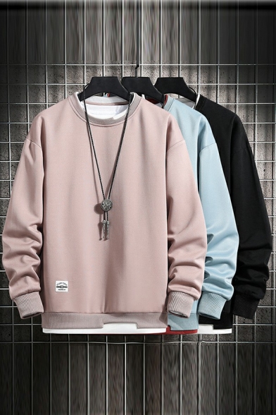 Simple Mens Sweatshirt Solid Color Fake Two-piece Round Neck Long Sleeve Rib Cuffs Loose Fitted Sweatshirt