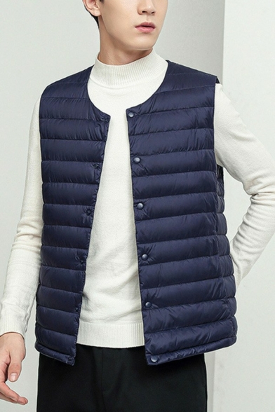 Simple Mens Vest Solid Color Crew Neck Full-Zip Placket Regular Fitted Vest with Pocket
