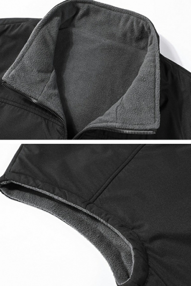 Sporty Mens Vest Plain Fleece Lined Sleeveless Stand Collar Regular Fitted Zip Placket Vest
