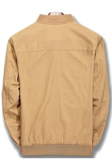 Street Look Mens Baseball Jacket Pure Color Zip Closure Stand Collar Long Sleeves Fitted Baseball Jacket