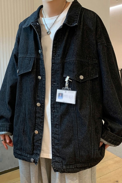 Urban Mens Denim Jacket Pure Color Long-Sleeved Lapel Collar Button Up Relaxed Fitted Denim Jacket