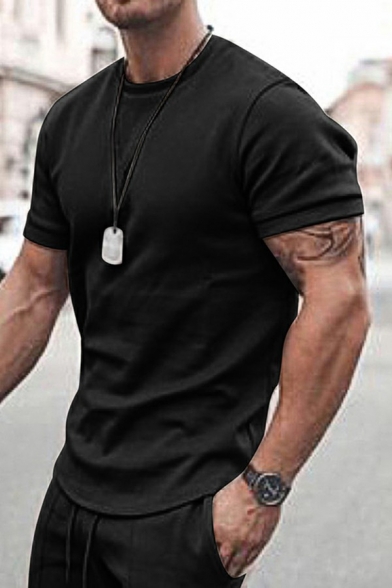 Urban Set Pure Color Round Neck Short Sleeved Regular Fitted Tee Top & Drawstring Relaxed Shorts Set for Men