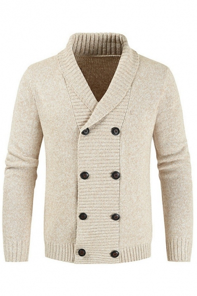 Vintage Mens Knit Cardigan Pure Color Shawl Collar Long-Sleeved Double Breasted Slim Fitted Cardigan