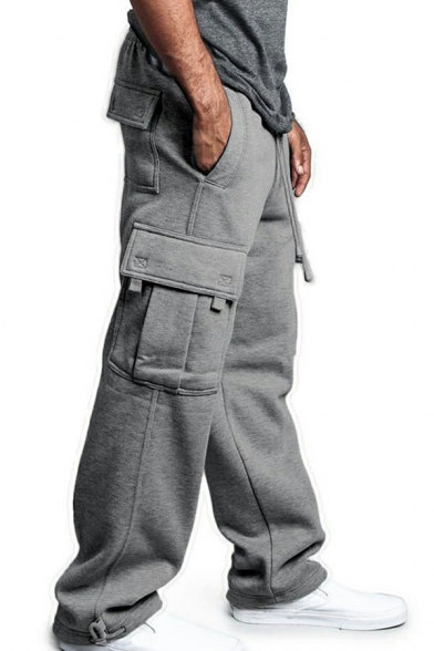 Vintage Pants Plain Color Elastic Waist Mid Rise Flap Pocket Detail Relaxed Fit Pants for Men