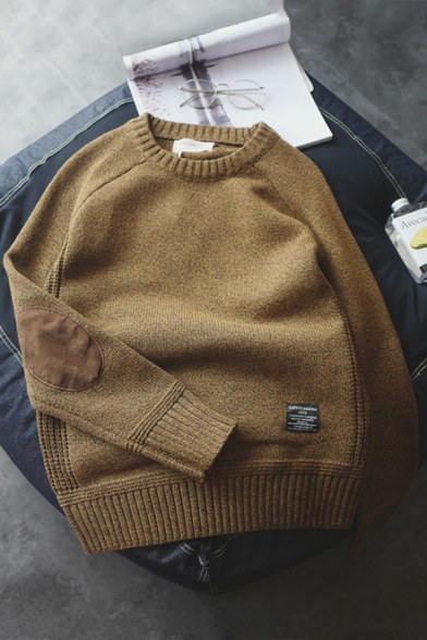 Basic Men's Sweater Elbow Patch Round Neck Relaxed Long Sleeve Sweater