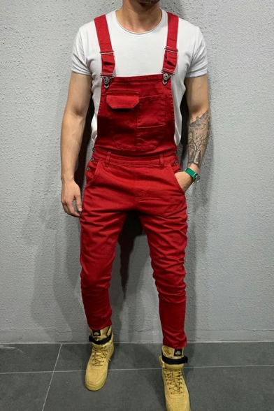Cool Men's Overalls Solid Color Side Color Sleeveless Slim-Fitted Overalls