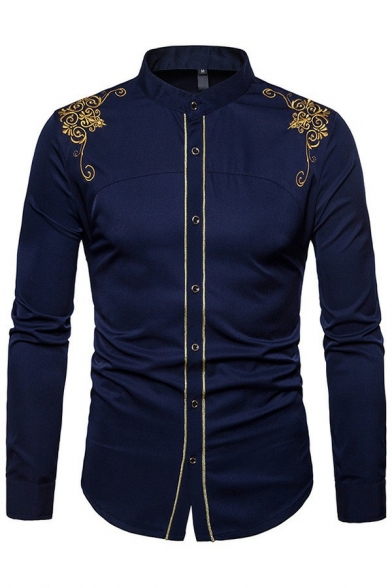 Freestyle Guy's Shirt Embroidery Floral Printed Stand Collar Slimming Long Sleeves Button Down Shirt