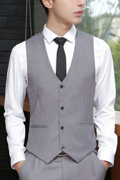 Guy's Cozy Suit Waistcoat Pure Color V-Neck Sleeveless Relaxed Fitted Single Breasted Suit Vest