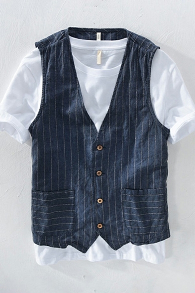 Guy's Fancy Suit Vest Striped Print V Neck Sleeveless Regular Fit Button Fly Suit Vest