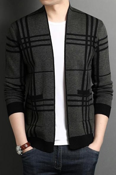 Guy's Hot Cardigan Plaid Printed Pocket Designed Slimming Long Sleeves Open Front Cardigan