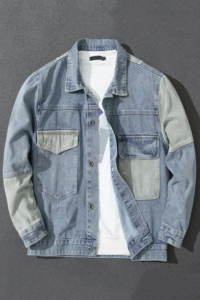Guys Cool Jacket Contrast Color Patchwork Button Placket Turn-Down Collar Fit Denim Jacket