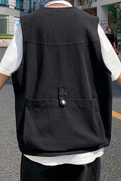 Guys Dashing Vest Pure Color Flap Pocket V-Neck Regular Button Closure Vest