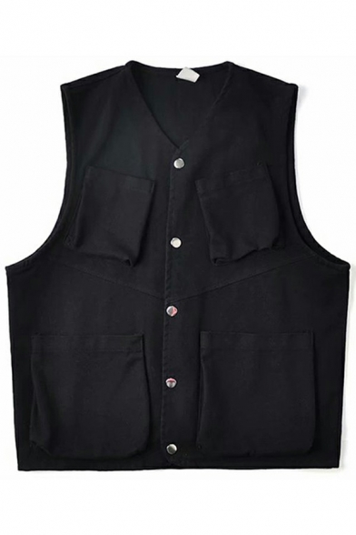 Guys Dashing Vest Pure Color Flap Pocket V-Neck Regular Button Closure Vest