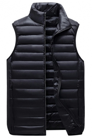 Men Fancy Vest Solid Color Stand Collar Sleeveless Relaxed Fitted Zip Fly Vest