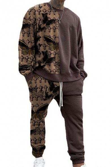 Men's Unique Co-ords Butterfly Printed Long Sleeve Round Neck Drawstring Pants Regular Co-ords