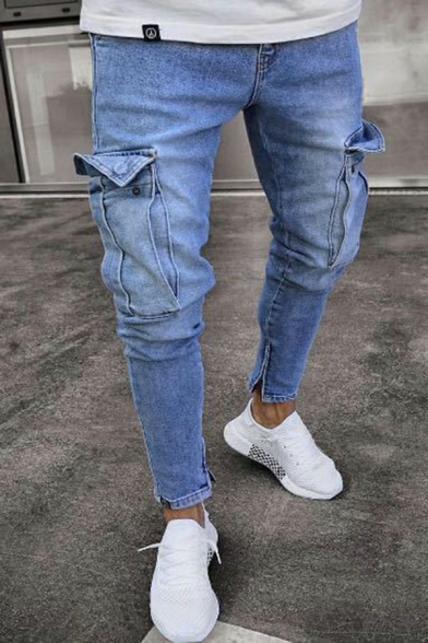 Men Street Style Denim Pants Plain Zip Fly Flap Pocket Slim Fitted Denim Pants