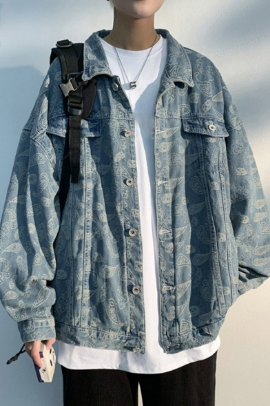 Modern Denim Jacket Allover Paisley Pattern Long Sleeves Spread Collar Button Closure Loose Fit Denim Jacket for Men