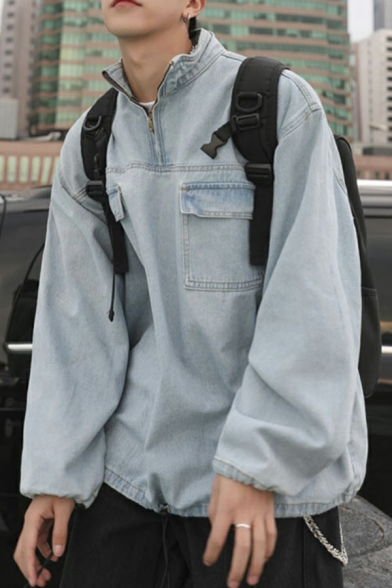 Modern Mens Denim Jacket Plain Color Long-Sleeved Stand Collar Breast Pockets Loose Fit Denim Jacket