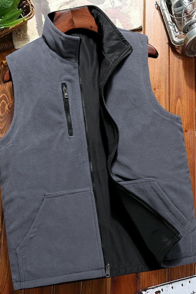 Modern Vest Pure Color Zip Closure Stand Collar Sleeveless Regular Fitted Vest for Men