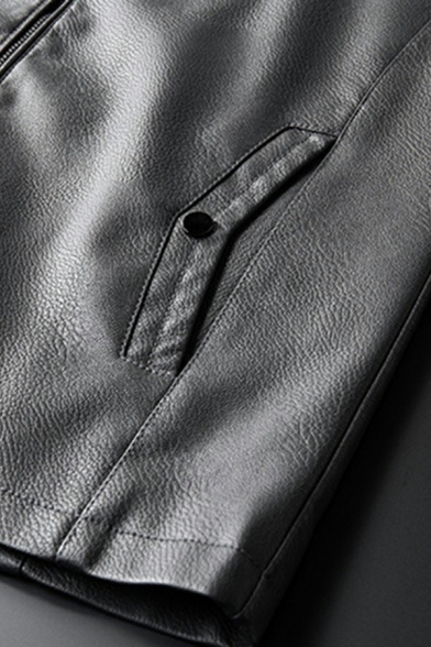 Novelty Mens Leather Jacket Plain Zip Embellished Pocket Stand Collar Fitted Leather Jacket