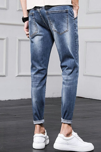 Pop Mens Plain Jeans Zipper Up Mid Waist Tapered Slim Fit Jeans