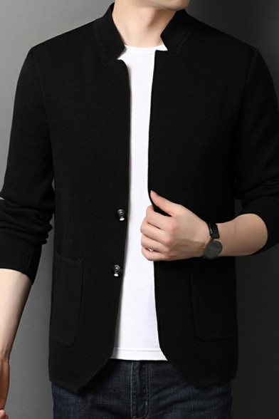 Simple Cardigan Pure Color Button-up Side Pocket Long Sleeve Regular Fitted Cardigan for Guys