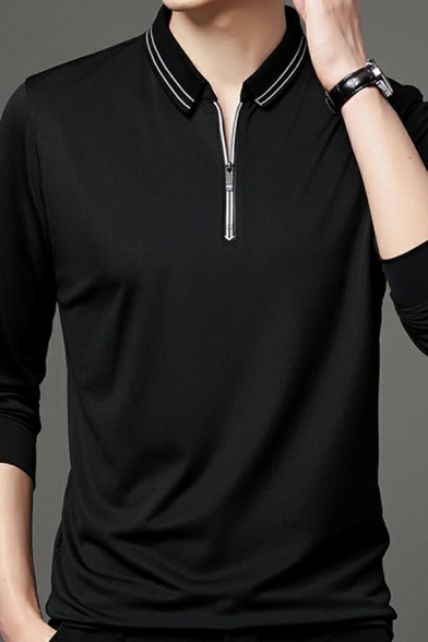 Simple Guys Polo Shirt Whole Colored Zipper Long Sleeves Fitted Polo Shirt