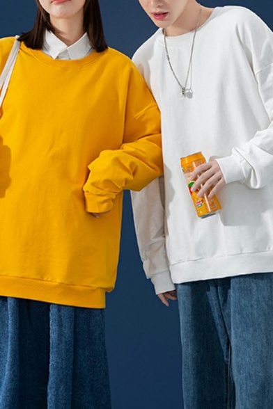 Simple Men's Sweatshirt Solid Color Crew Color Long Sleeves Regular Fit Sweatshirt