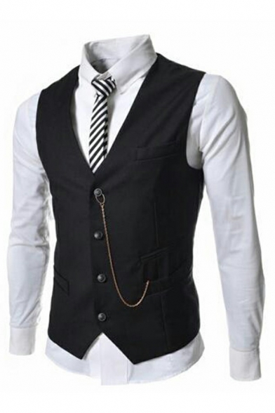 Simple Suit Vest Solid Color Sleeveless V-Neck Pockets Detail Slim Fit Suit Vest for Men
